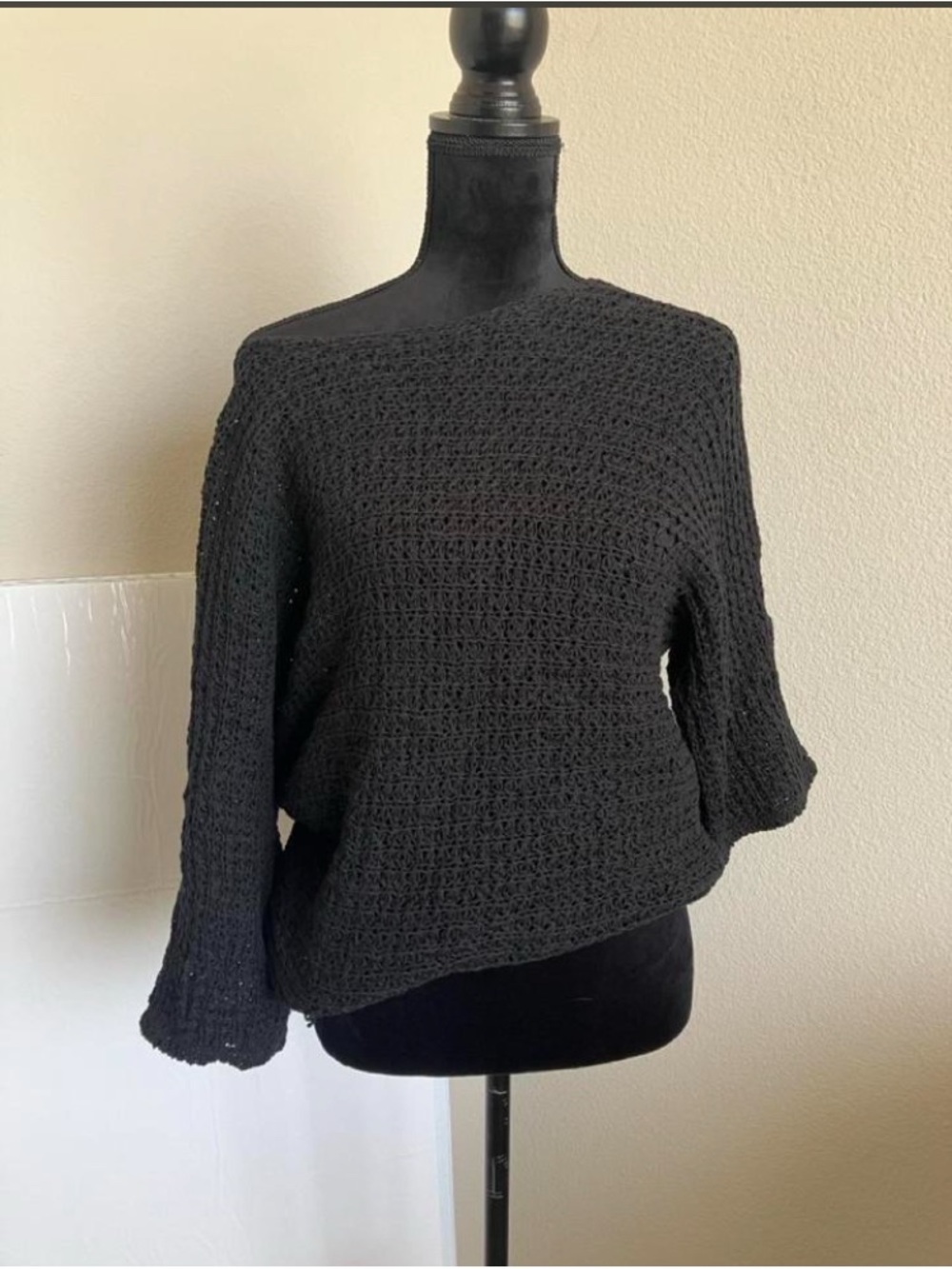 Black Crochet Knit Sweater - Women's Off-Shoulder Pullover